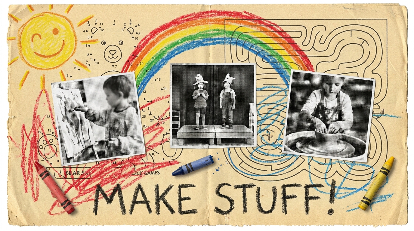 Kid's crayon-on-placemat collage with three glued-on halftone photos of kids painting, performing, and sculpting, plus a scribbled crayon sun and rainbow.