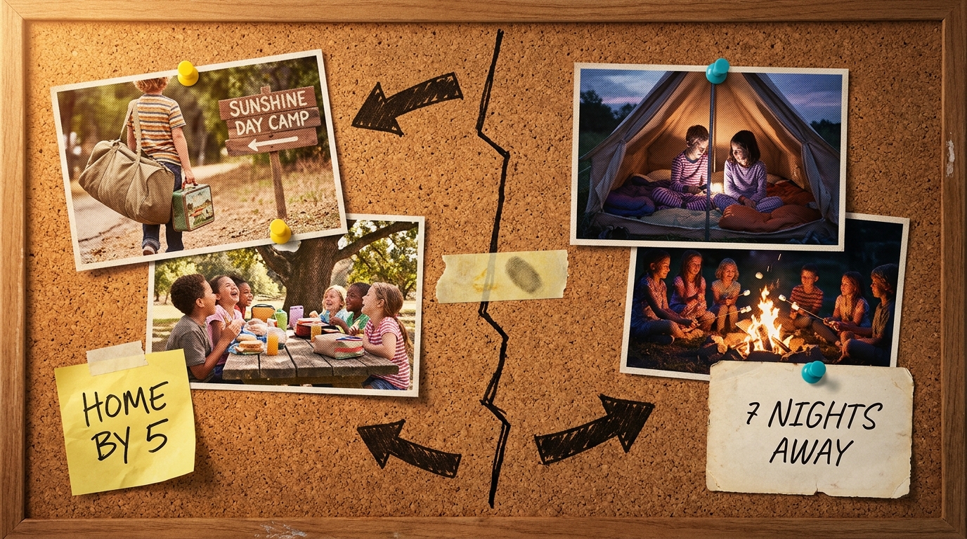 Corkboard split into two halves: left side pinned with photos of a daytime camp drop-off with lunchbox; right side pinned with photos of kids in a tent at night by flashlight.