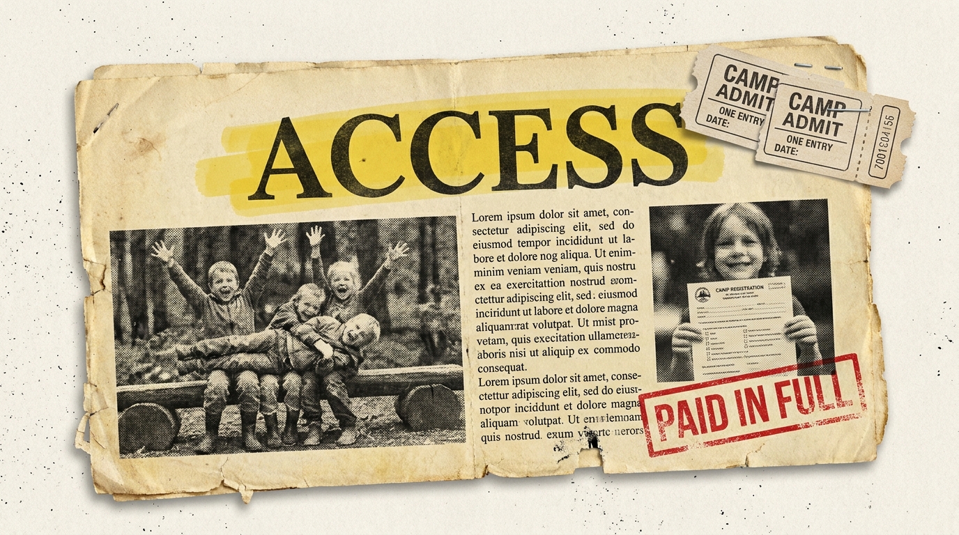 A newspaper clipping with the word ACCESS highlighted in yellow marker, two column-width photos of grinning siblings, and paper camp-admit ticket stubs stapled to the edge.