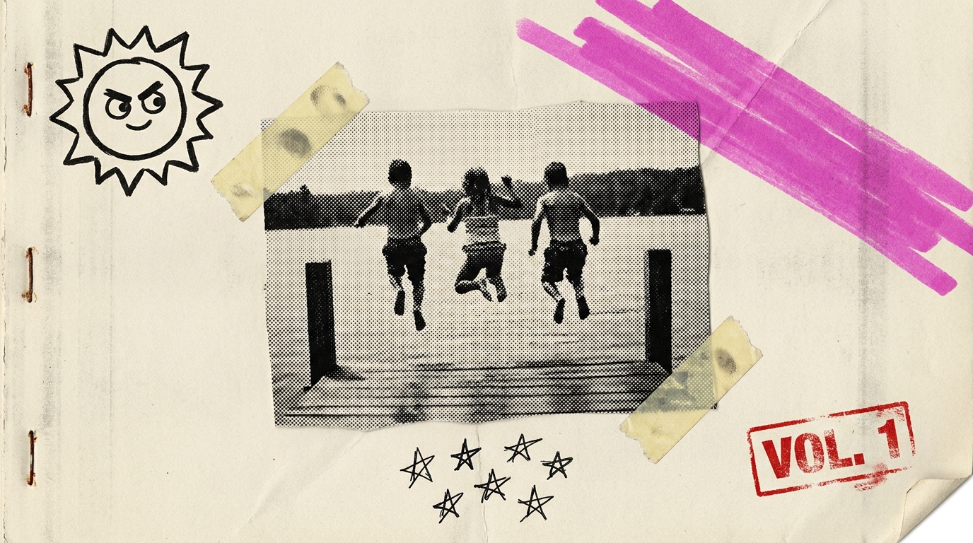 Zine-style cover photograph of three elementary-aged kids mid-jump off a lake dock, pasted down with Scotch tape and annotated with a red VOL. 2026 rubber stamp.