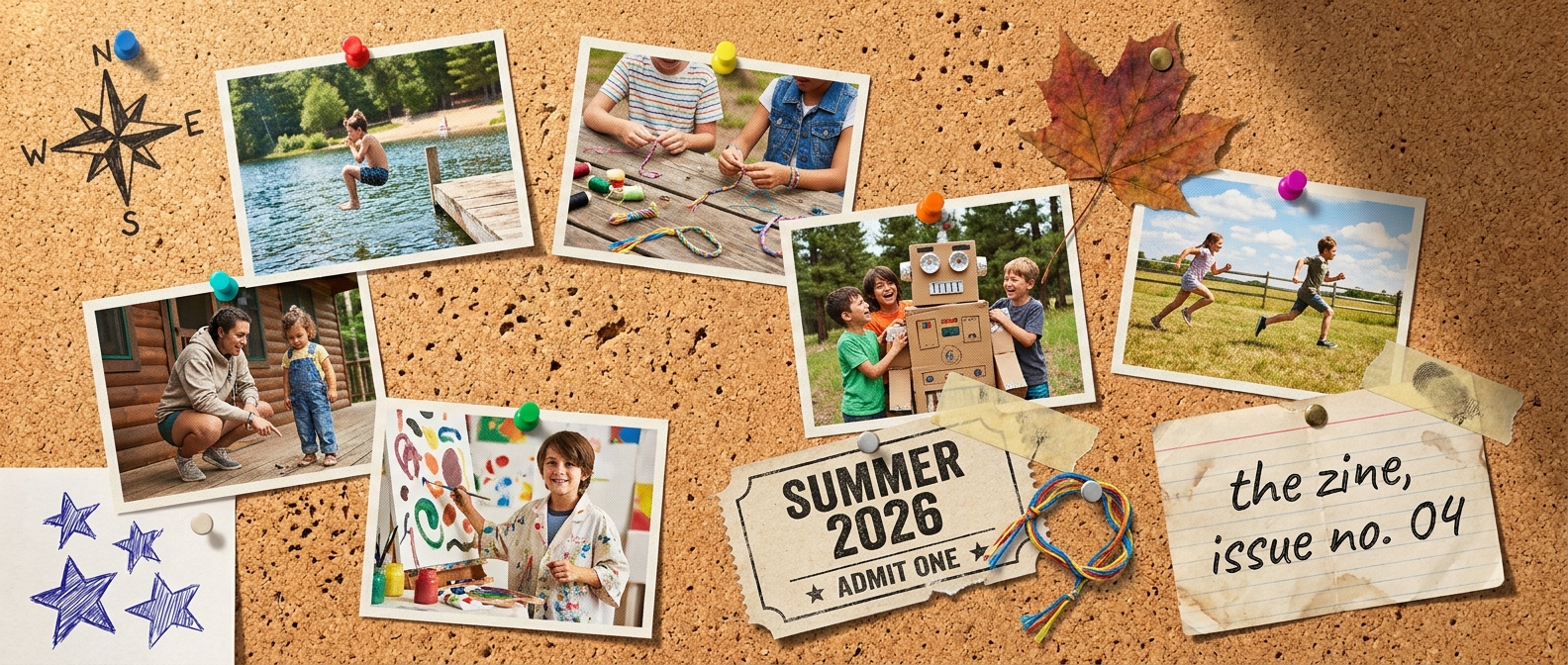 A wide zine-style corkboard masthead pinned with photographs from a summer camp — kids mid-cannonball, friendship-bracelet making, a cabin-porch chat, a cardboard-robot build, a grass-field sprint, and a painting easel — alongside a pressed leaf, a ticket stub, and a hand-lettered issue-no.-04 note.