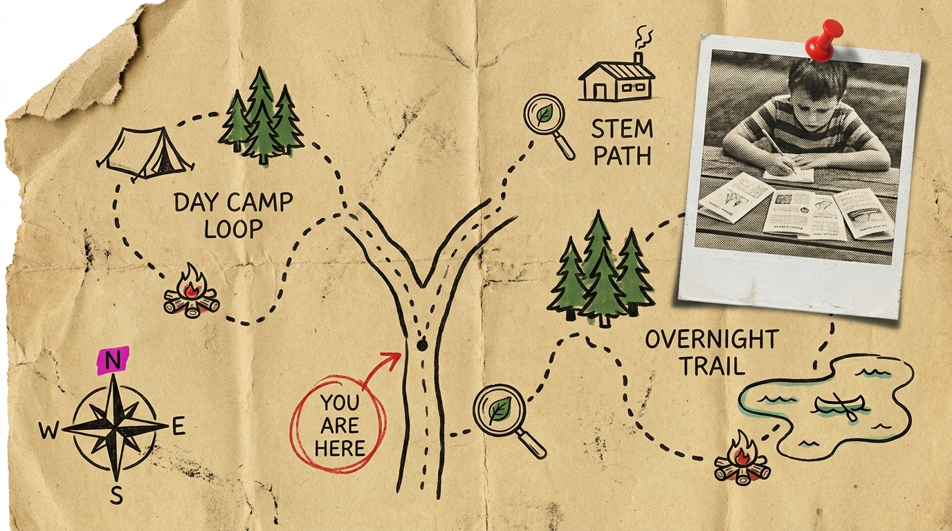 Hand-inked trail map showing a fork in the path, a pinned photo of a kid studying camp flyers, and a compass rose in the corner.
