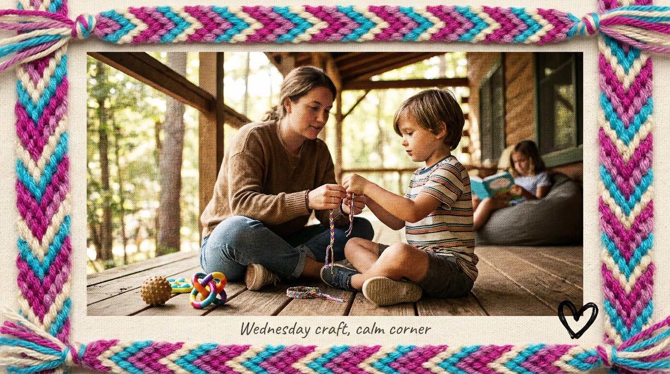 A warm photograph bordered by a knotted friendship-bracelet chevron pattern, of a counselor sitting at eye level with a kid while they tie a bracelet together on a calm cabin porch.