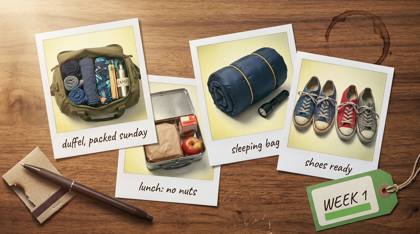 Four overlapping Polaroids scattered on a walnut desk showing a packed duffel bag, a labeled lunchbox, a rolled sleeping bag, and a row of sneakers ready to go.