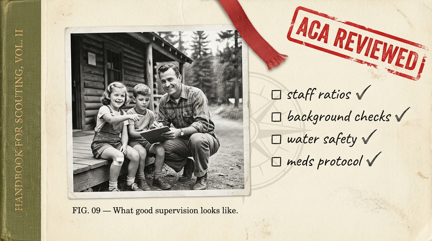 Scout-handbook style spread with a safety clipboard, a warm photograph of a counselor kneeling beside a kid with a bandaid, and an ACA REVIEWED red stamp.