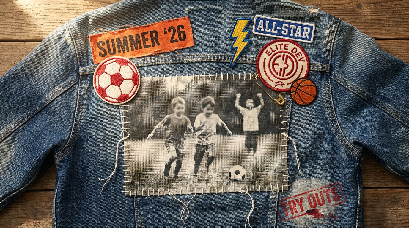 Back of a faded denim jacket covered in iron-on sports patches with a whipstitched color photograph of kids mid-sprint across a grass field.