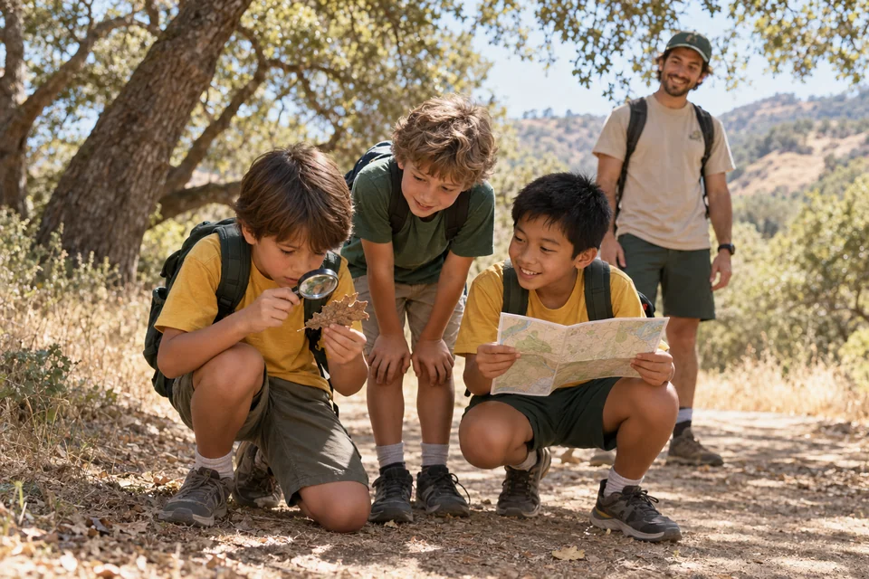 Campers exploring an oak trail with a map and magnifying glass